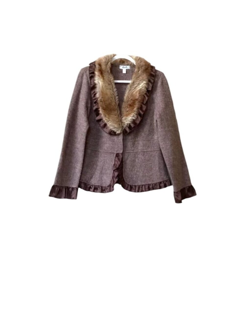 Sweater Cardigan Brown Wool Faux Fur Collar Satin Trim Women’s Festival XL